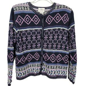 Womens M Cardigan Sweater Hand Embroidered Ramie Blend Button Blue & Purple Vtg